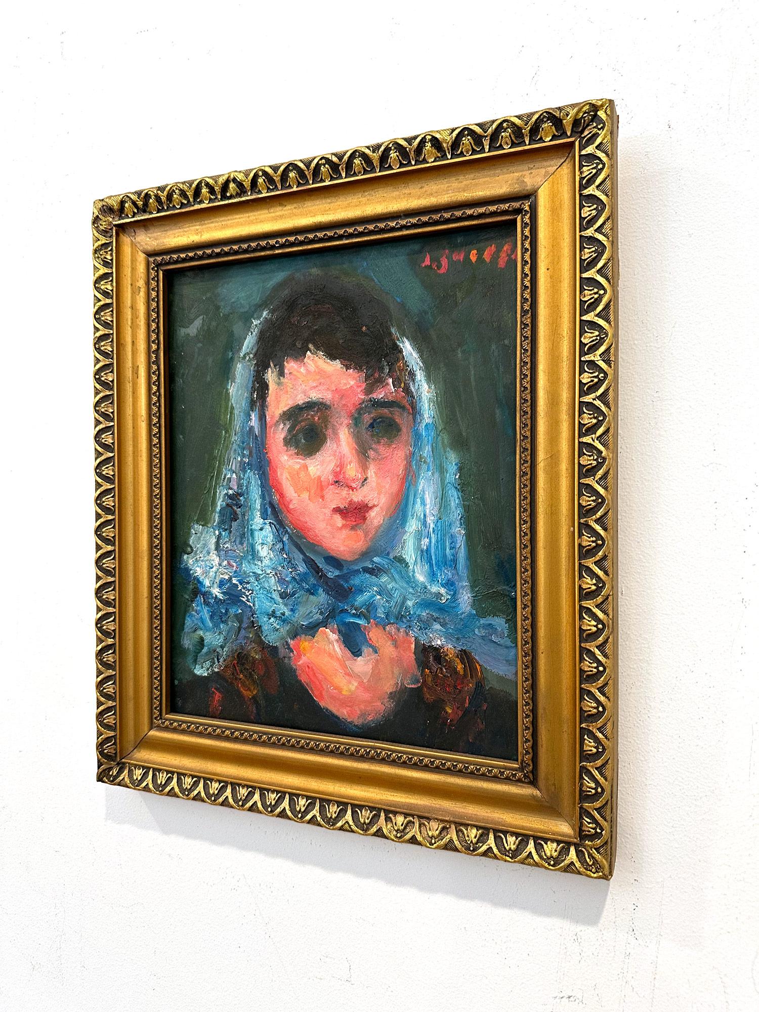 „Frau mit blauem Schal“, Pariser postimpressionistisches französisches Ölgemälde, gerahmt im Angebot 10