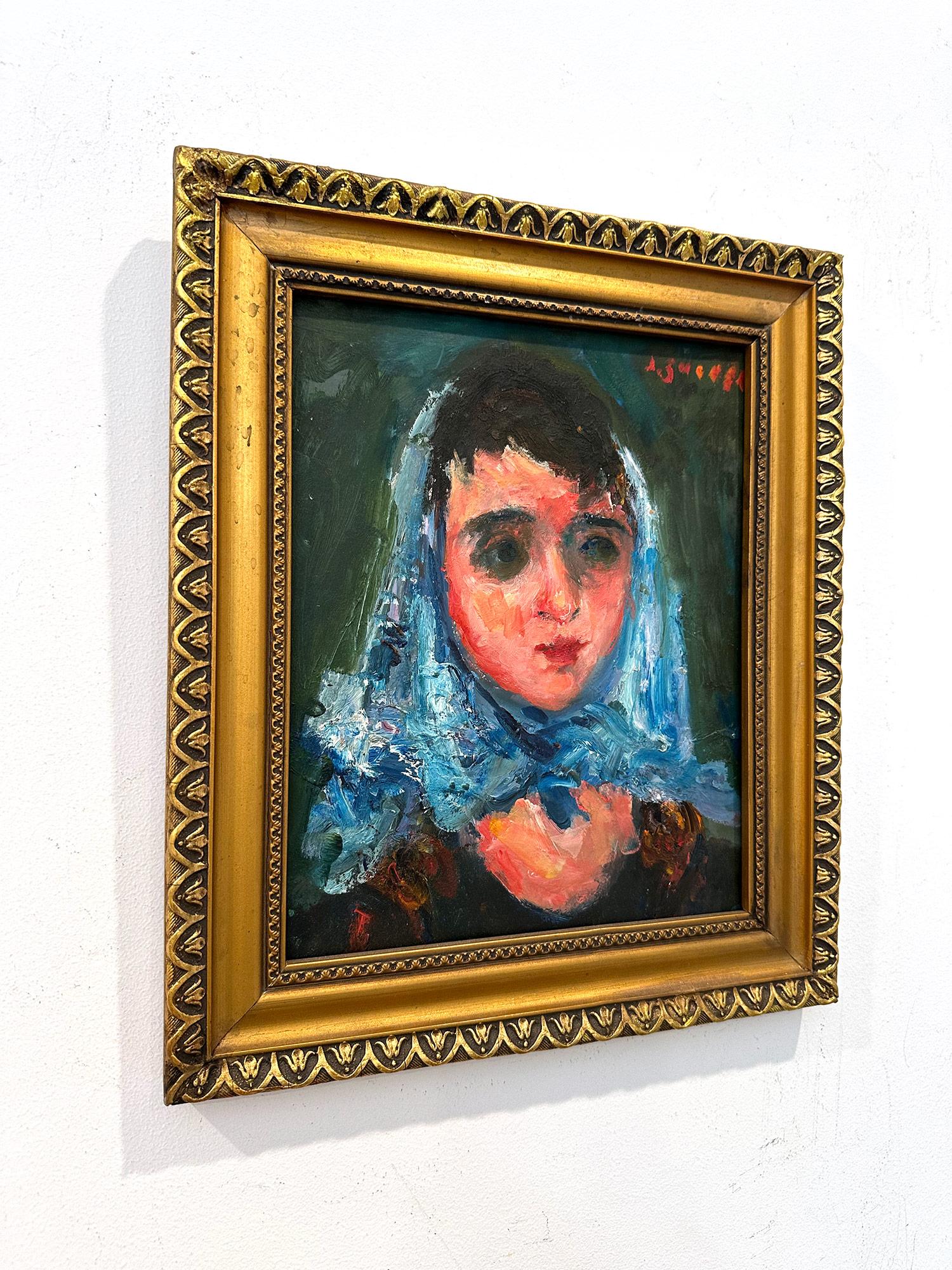 „Frau mit blauem Schal“, Pariser postimpressionistisches französisches Ölgemälde, gerahmt im Angebot 11