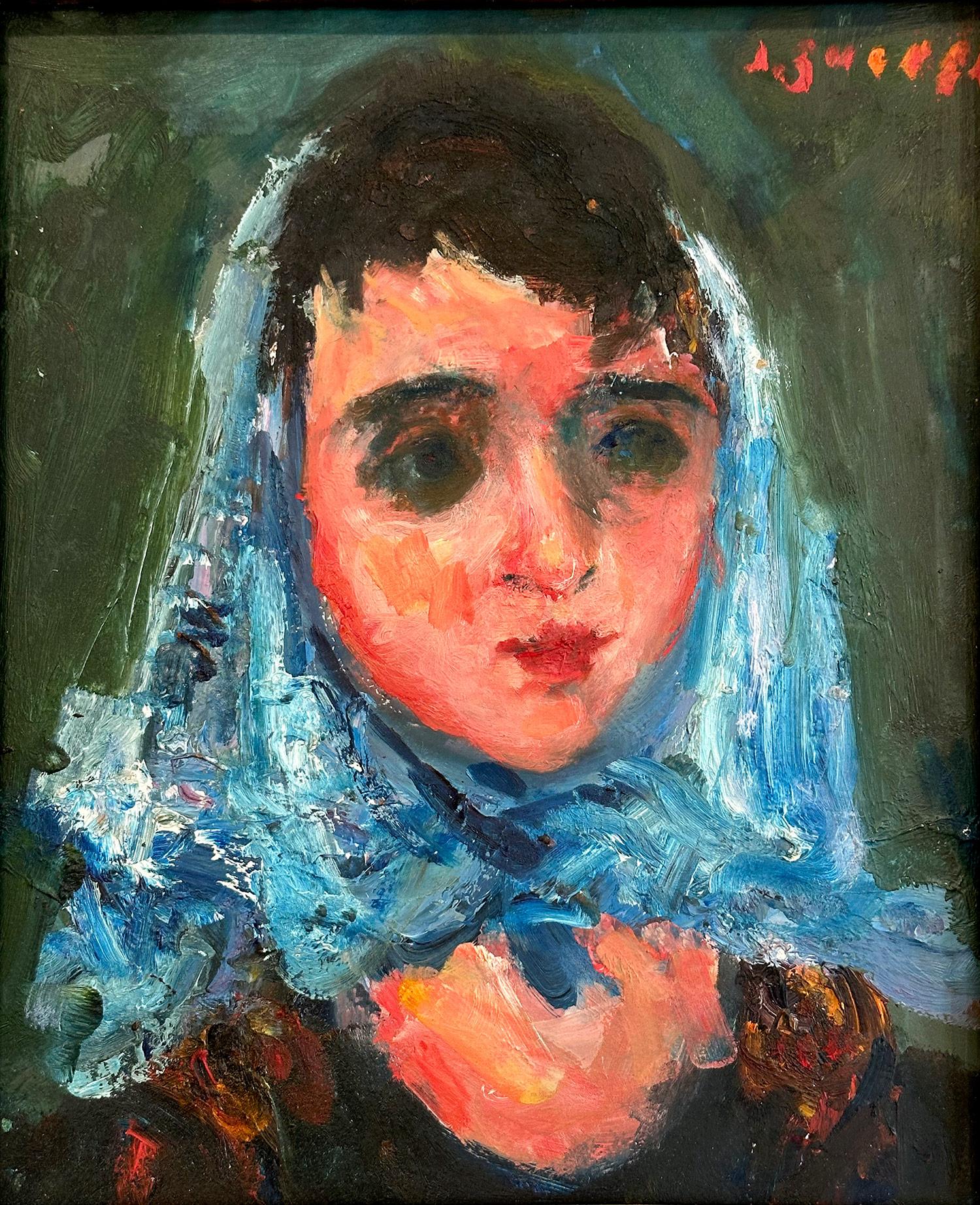 „Frau mit blauem Schal“, Pariser postimpressionistisches französisches Ölgemälde, gerahmt – Painting von Jacques Zucker