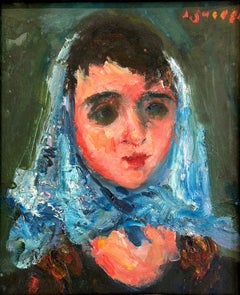"Woman with Blue Scarf" Parisian Post-Impressionist French Oil Painting Framed