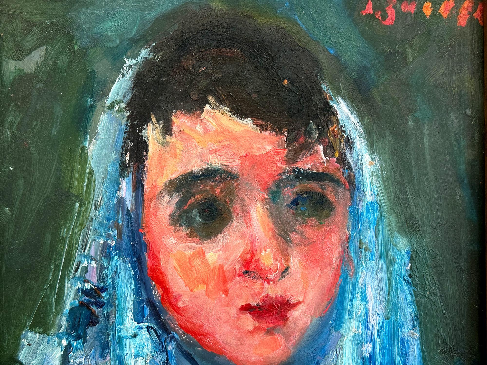„Frau mit blauem Schal“, Pariser postimpressionistisches französisches Ölgemälde, gerahmt (Post-Impressionismus), Painting, von Jacques Zucker