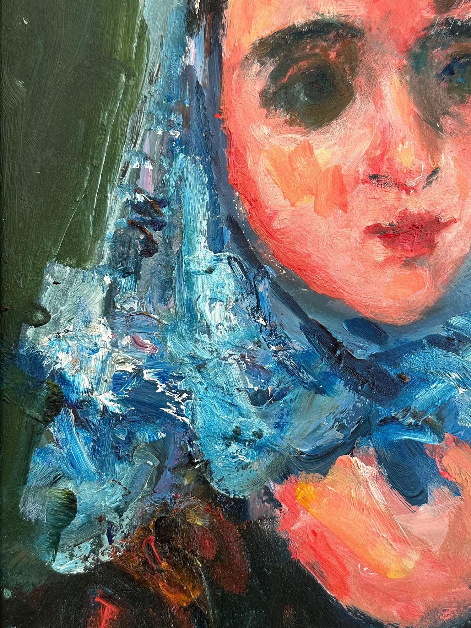 „Frau mit blauem Schal“, Pariser postimpressionistisches französisches Ölgemälde, gerahmt (Schwarz), Portrait Painting, von Jacques Zucker