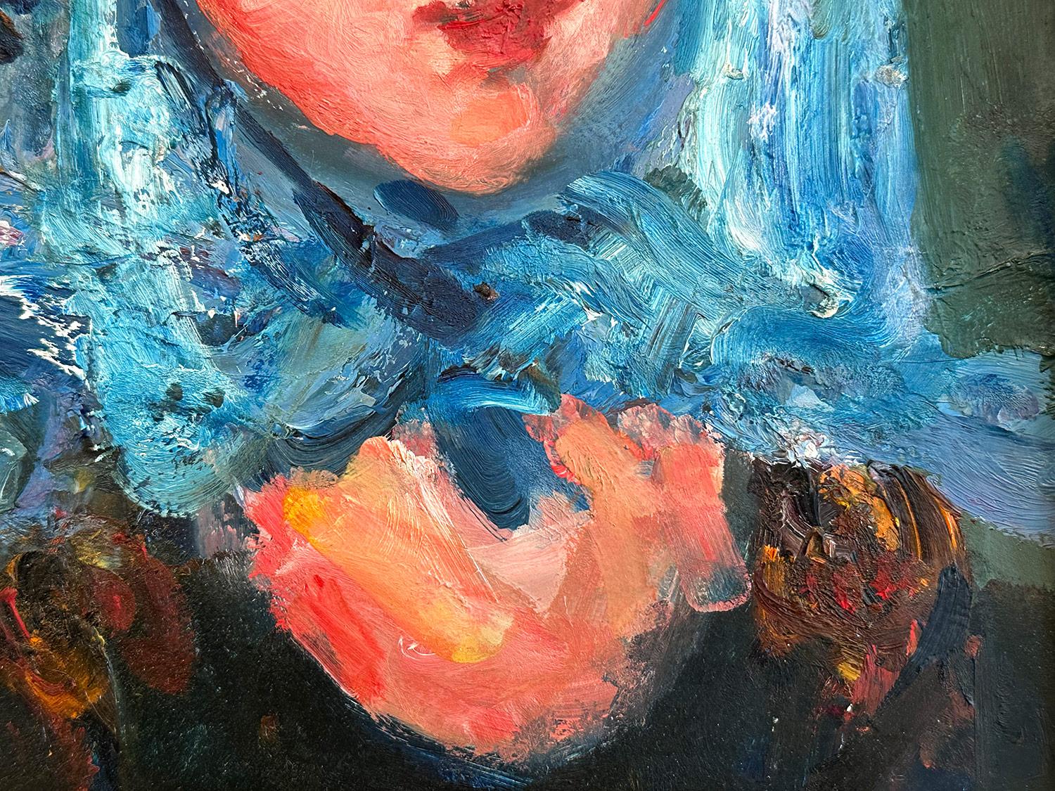 This painting depicts a whimsical portrait of a woman wearing a blue scarf around her head against a green background. The bright colors used and quick brush strokes are what makes this painting so attractive and desirable. The piece is done in a