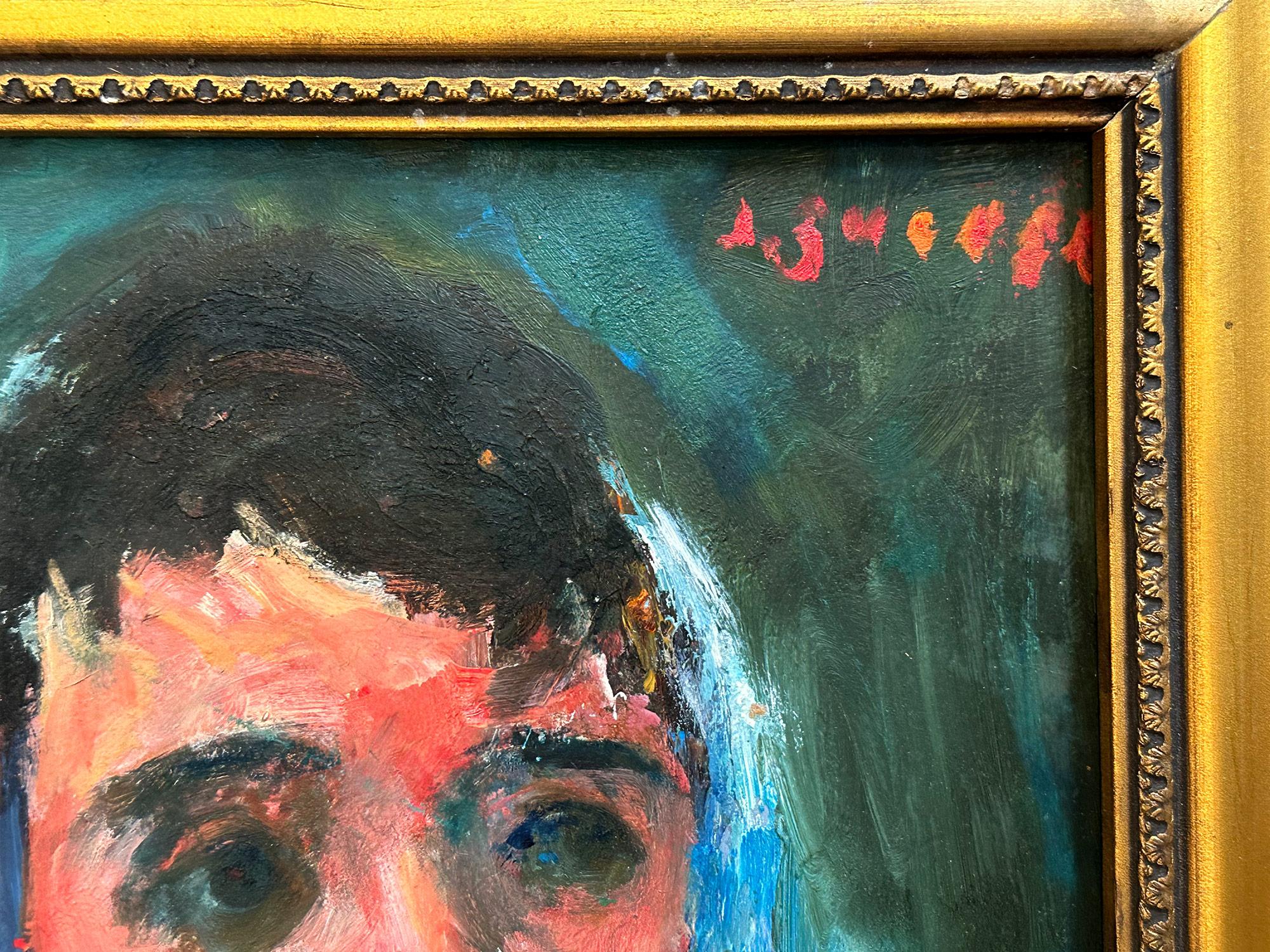 „Frau mit blauem Schal“, Pariser postimpressionistisches französisches Ölgemälde, gerahmt im Angebot 3