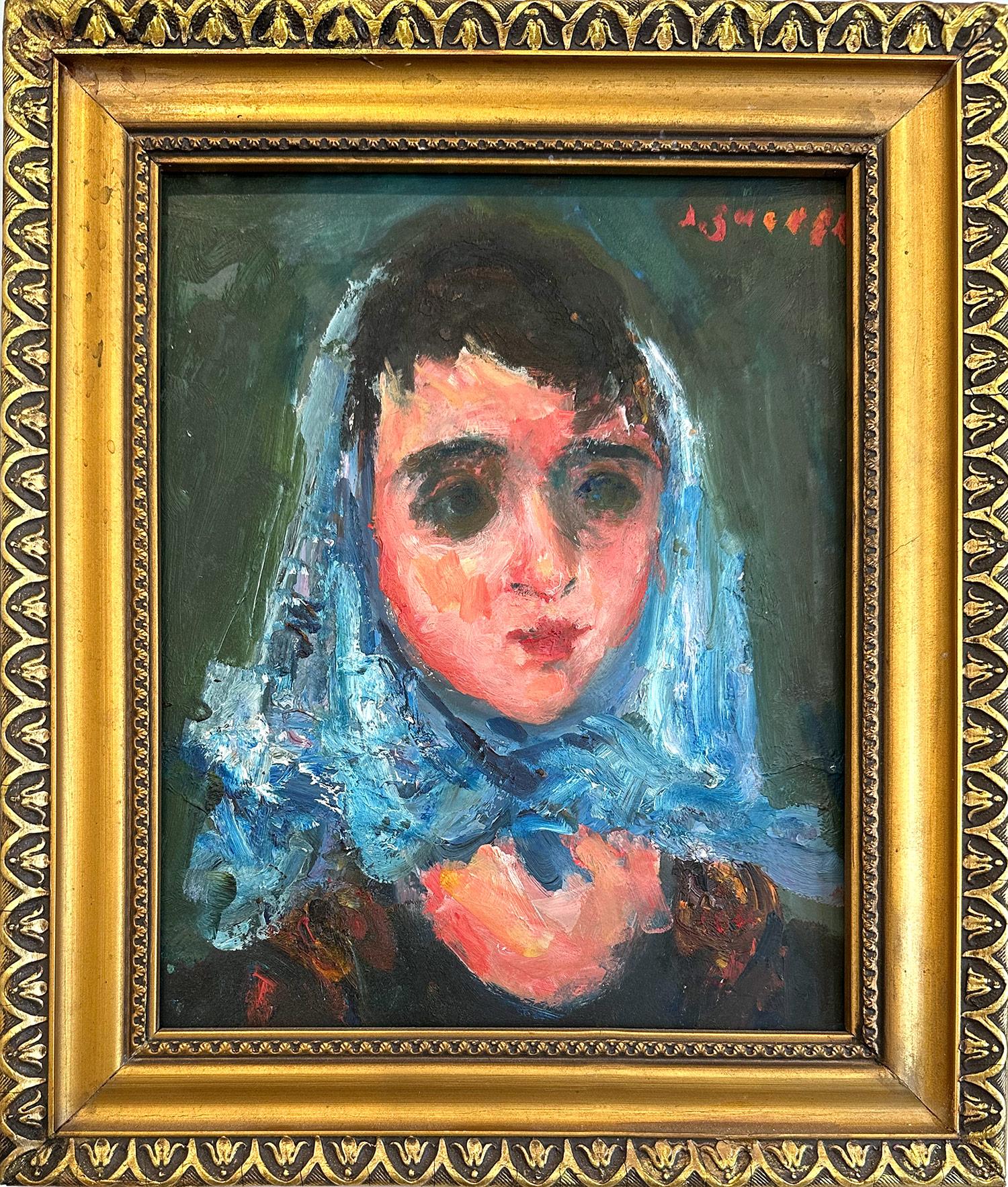 "Woman with Blue Scarf" Parisian Post-Impressionist French Oil Painting Framed