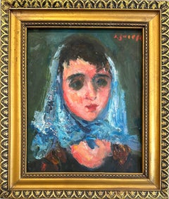 "Woman with Blue Scarf" Parisian Post-Impressionist French Oil Painting Framed