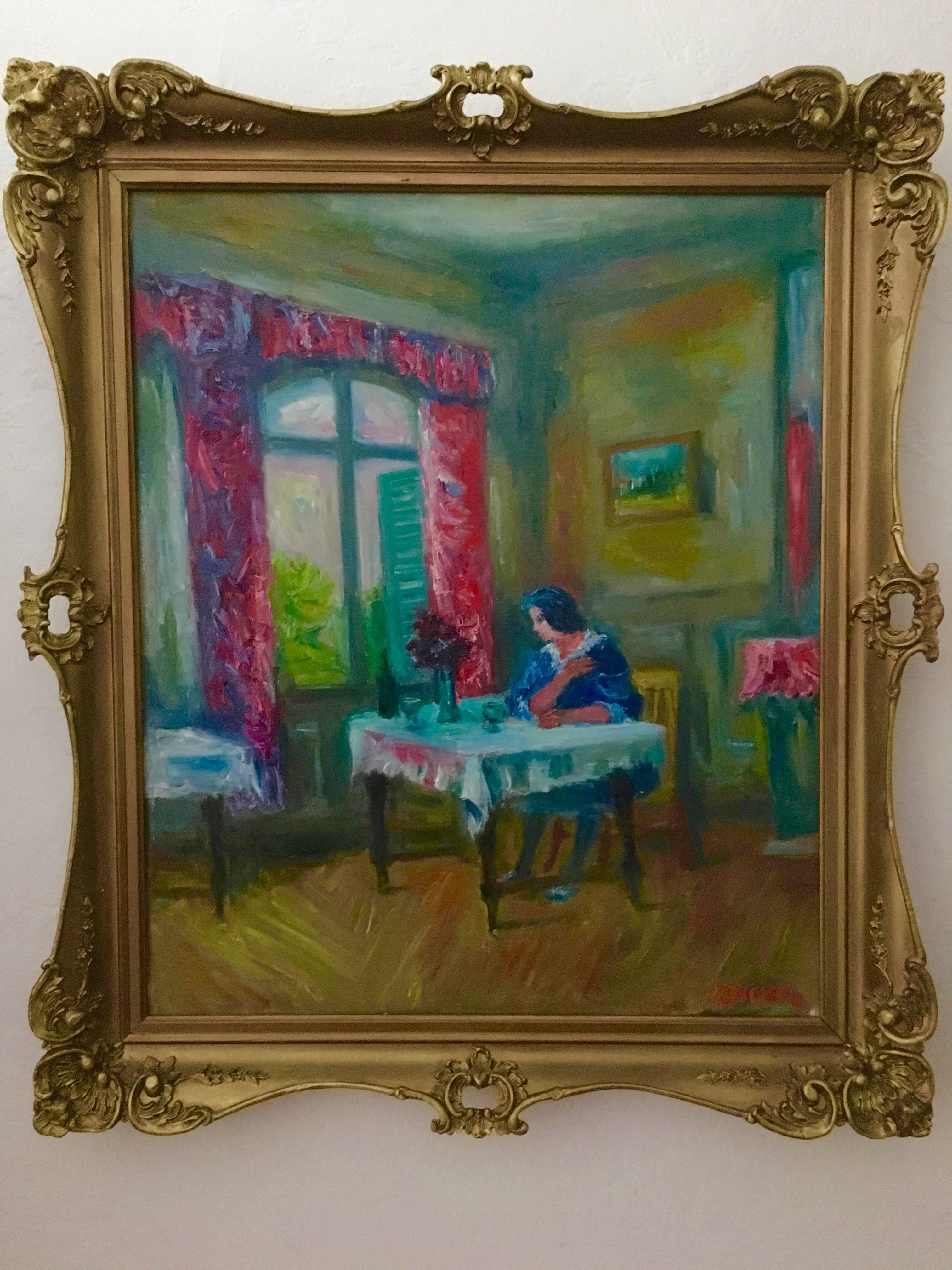 Donna in salone Interno francese Pittura a olio Ecole D'Paris, WPA, Artista Bezalel - Painting di Jacques Zucker