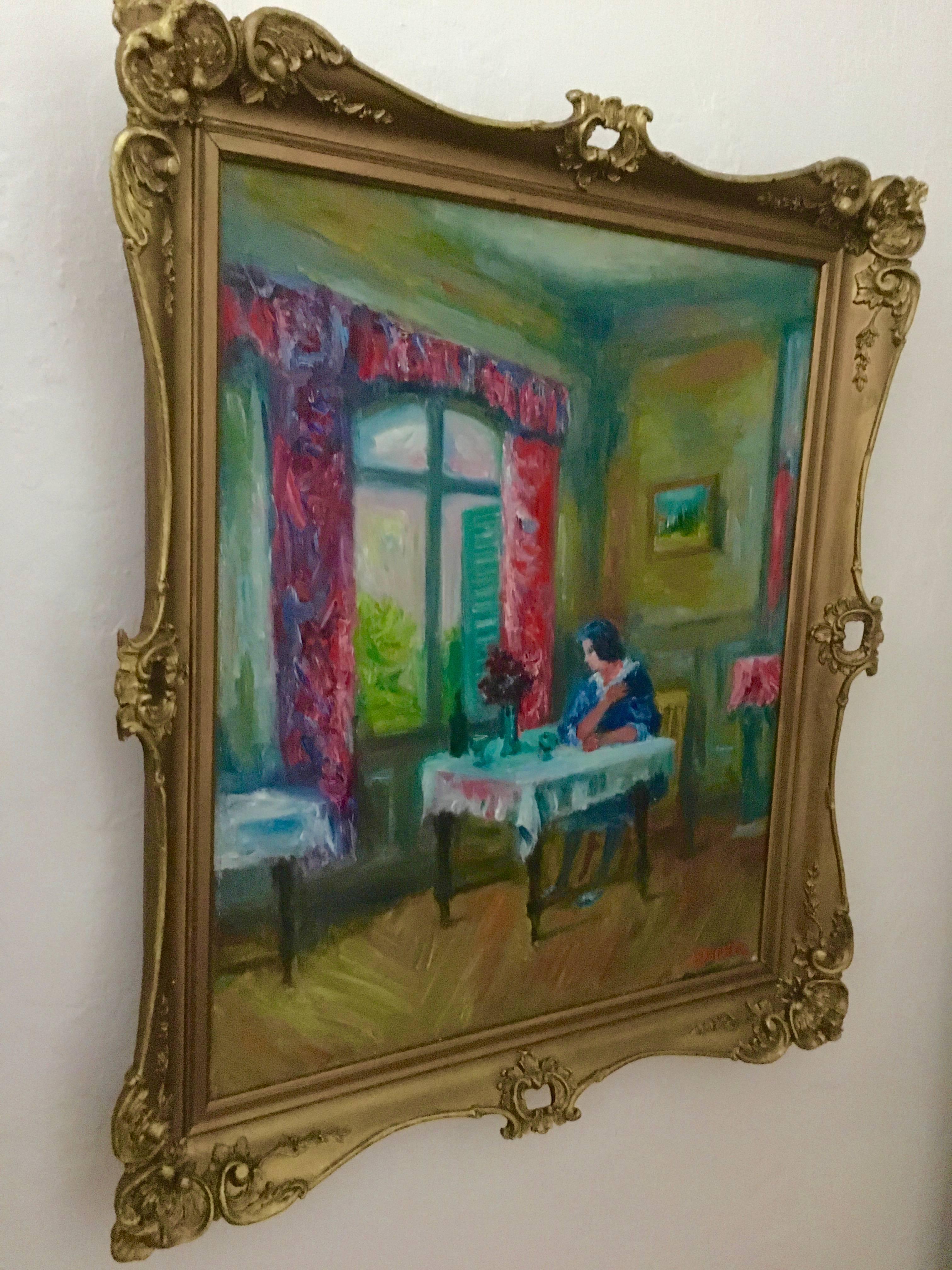 Donna in salone Interno francese Pittura a olio Ecole D'Paris, WPA, Artista Bezalel - Painting Postimpressionismo di Jacques Zucker