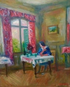 Woman in Salon French Interior Oil Painting Ecole D'Paris, WPA, Bezalel Artist