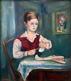 "Young Boy with Toy Airplane" Post-Impressionist French Oil Painting on Canvas