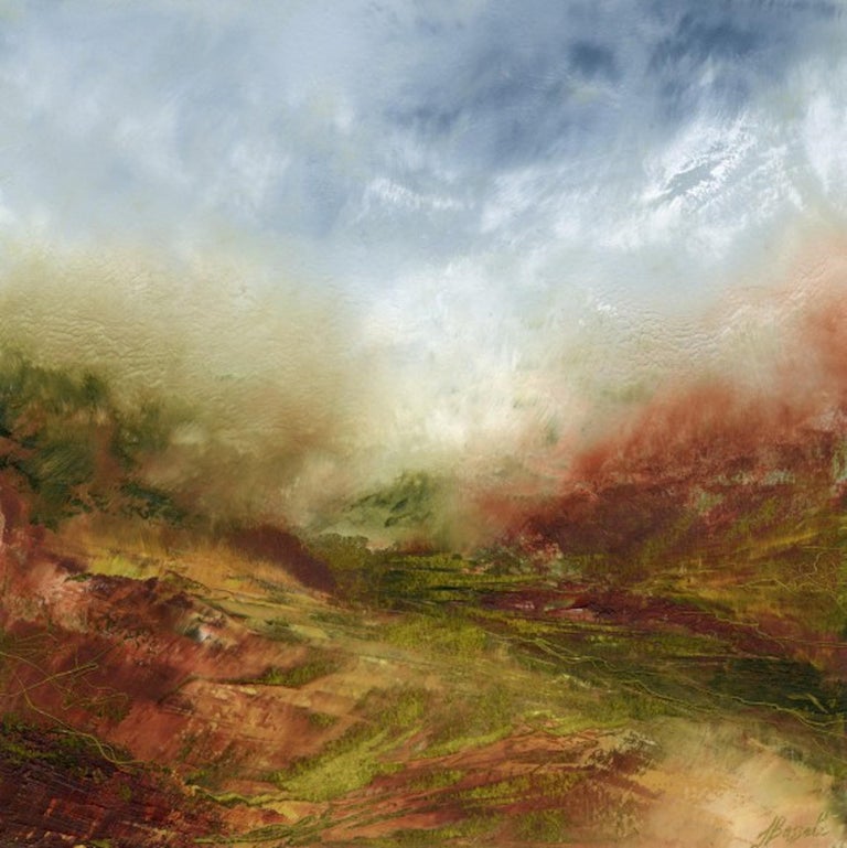 Fellside Rise, Jacqui Bassett, Original Painting, Abstract Landscape, Misty Art - Gray Abstract Painting by Jacqui Bassett