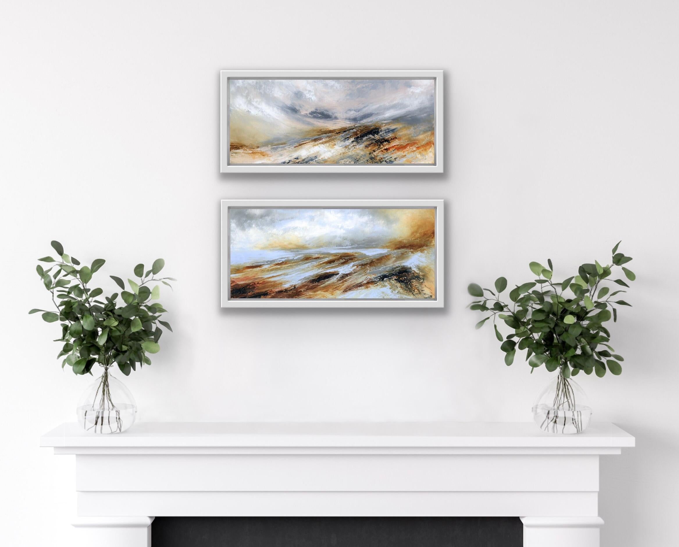 Sweeping Peach Skies and Bright Estuary diptych - Painting by Jacqui Bassett