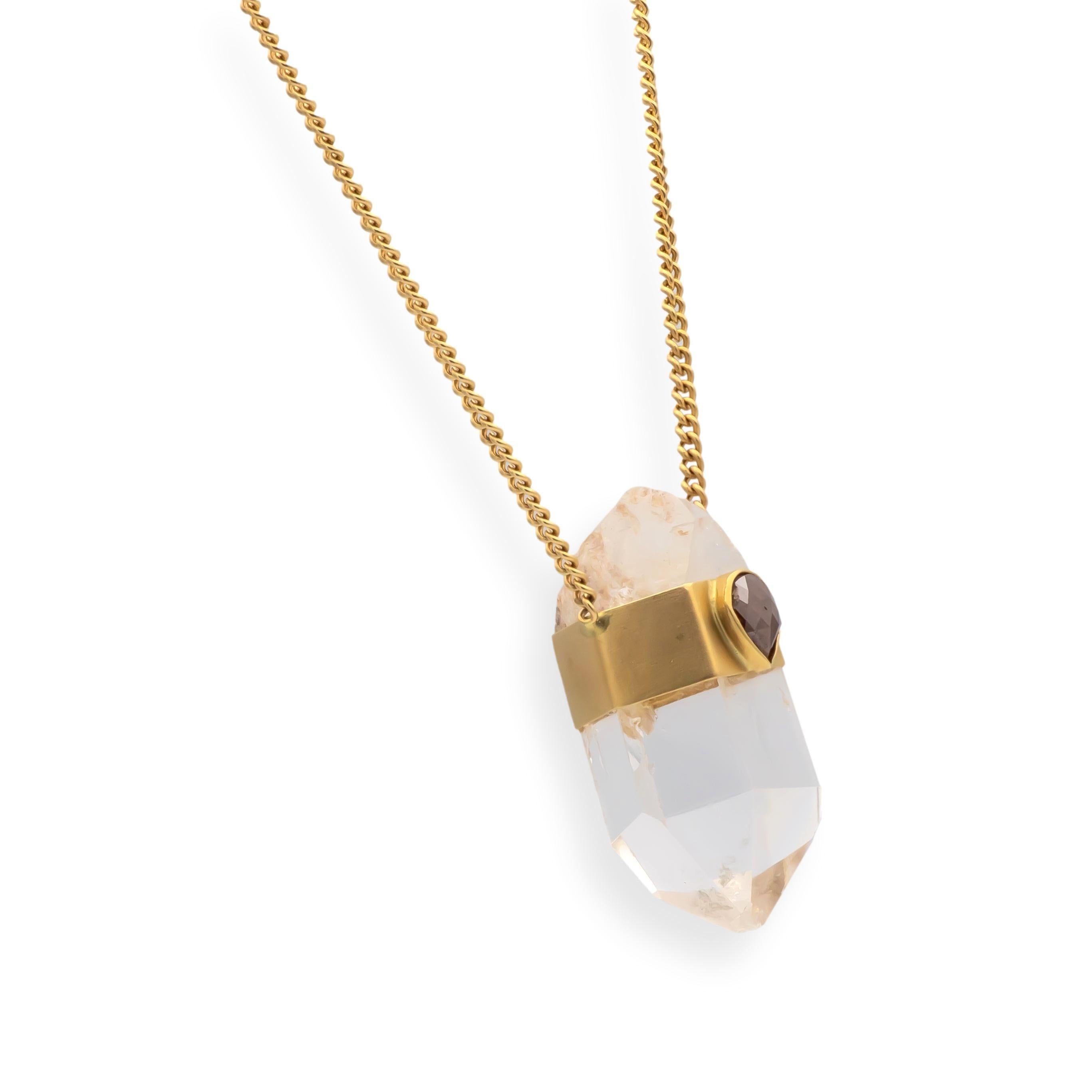 Contemporary Jacquie Aiche 14K Gold Clear Quartz Pendant Necklace Tear Drop Rose Cut Diamond For Sale