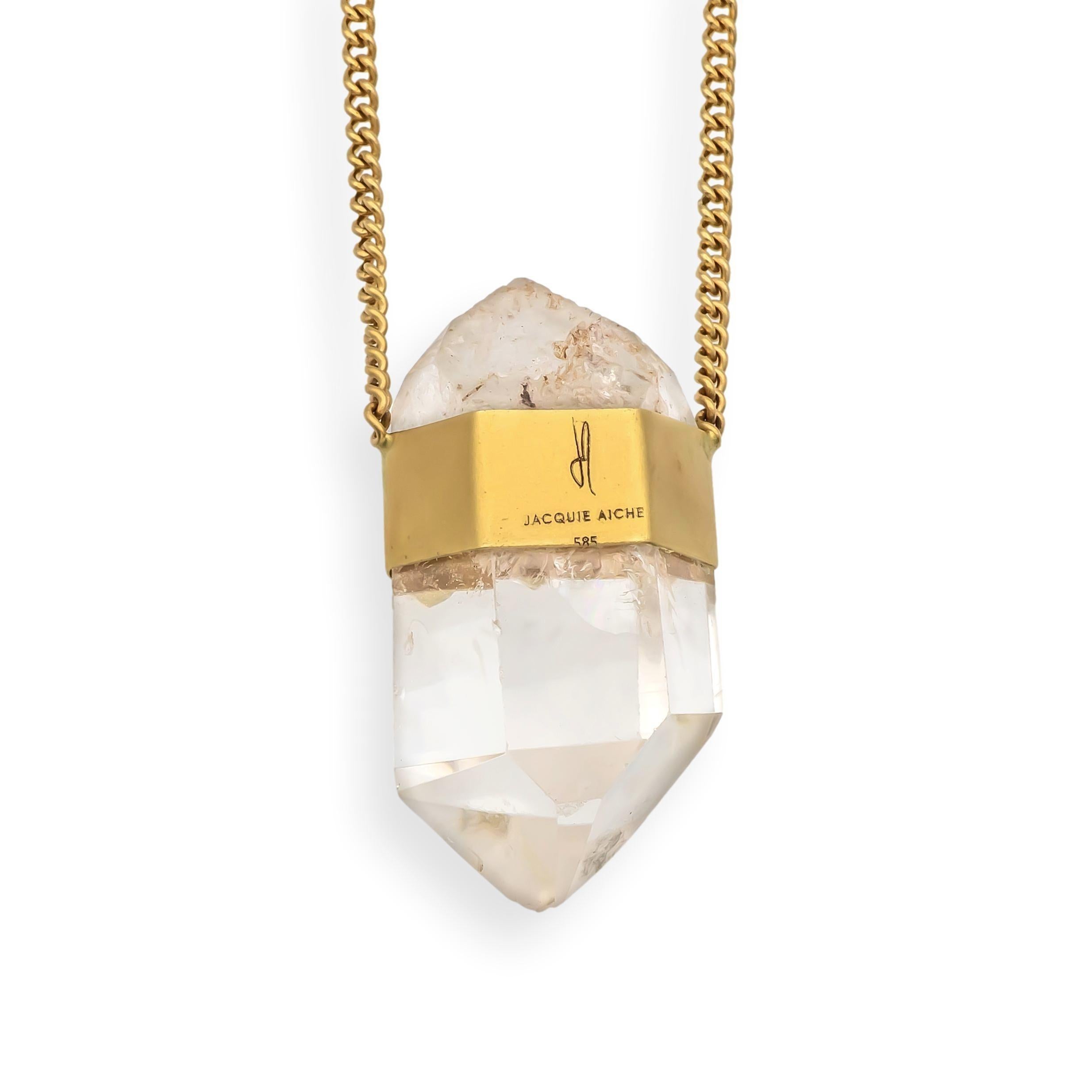 Jacquie Aiche 14K Gold Clear Quartz Pendant Necklace Tear Drop Rose Cut Diamond In Good Condition For Sale In New York, NY
