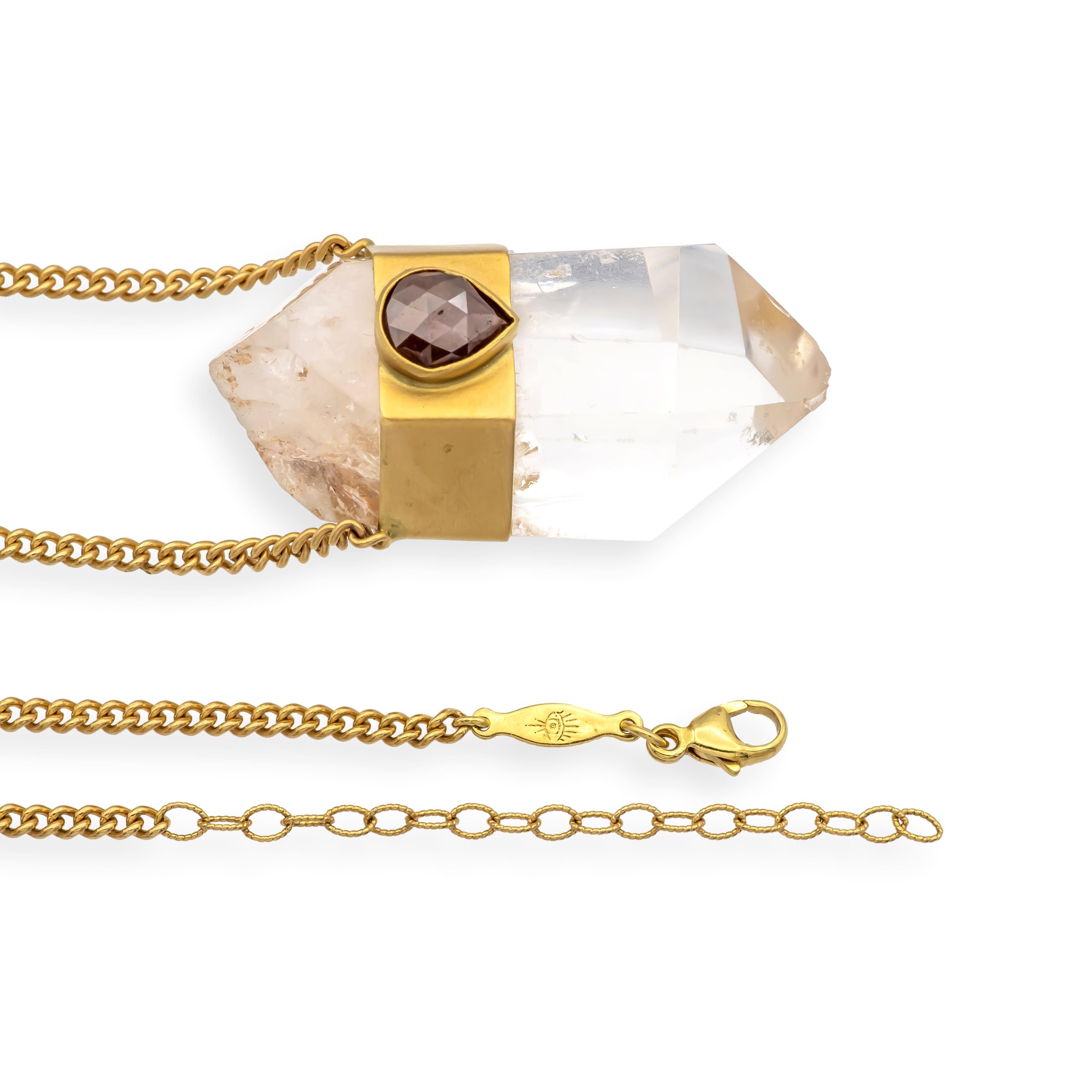 Women's or Men's Jacquie Aiche 14K Gold Clear Quartz Pendant Necklace Tear Drop Rose Cut Diamond For Sale