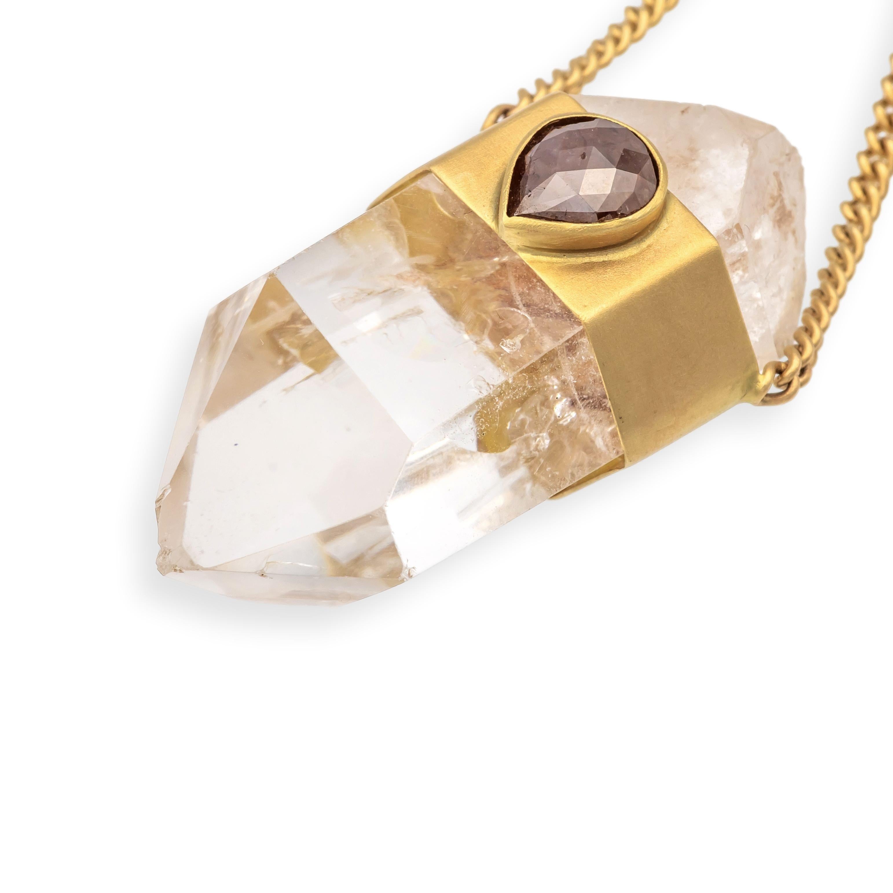 Jacquie Aiche 14K Gold Clear Quartz Pendant Necklace Tear Drop Rose Cut Diamond For Sale 3