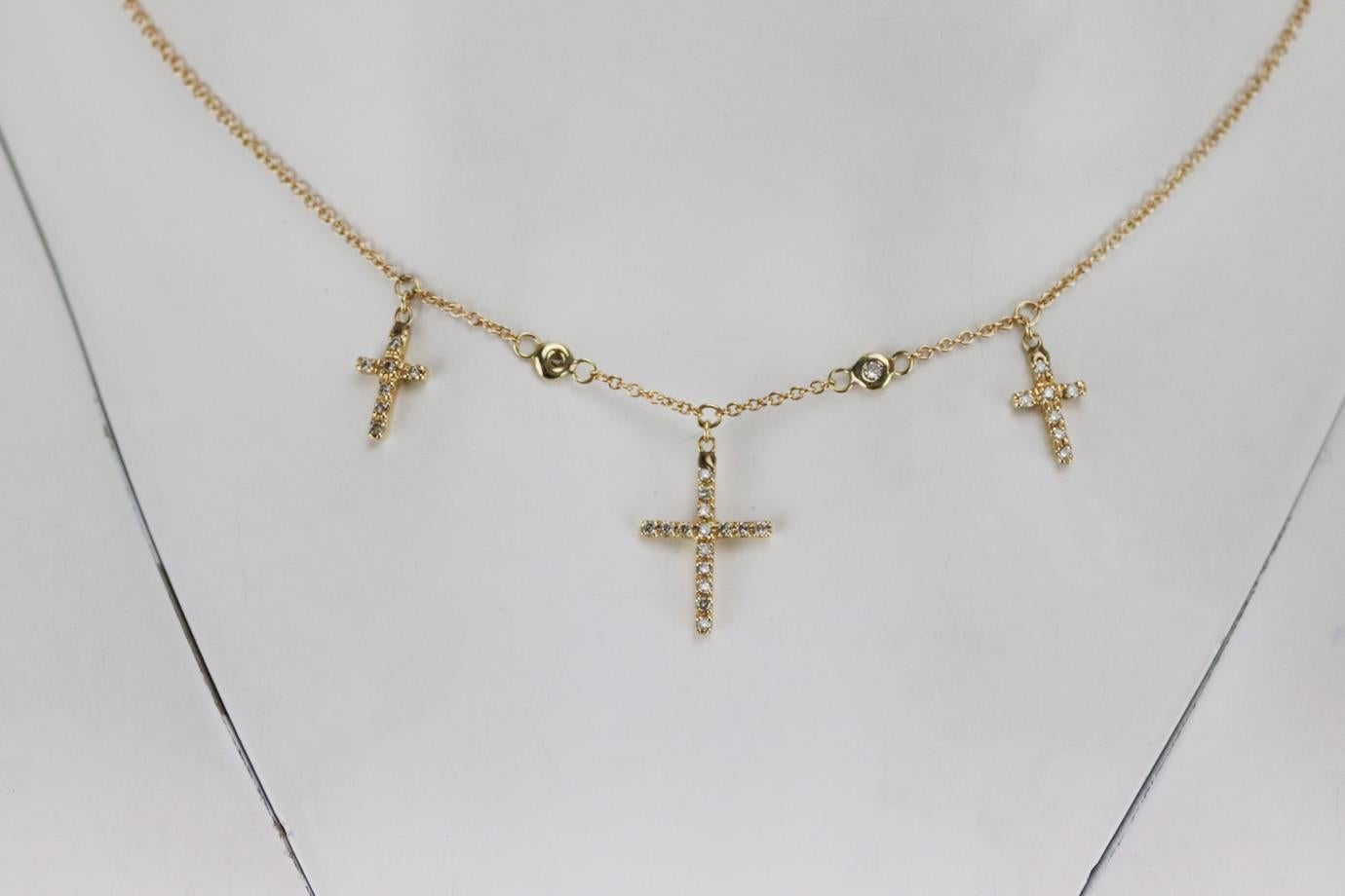 Jacquie Aiche Cross 14k rose gold 3 diamond chain choker. Made from rose-gold with 3 pave-diamond cross pendants, 2 graduated diamonds and small chain. Rose-gold. Lobster clasp fastening at back. Does not come with box or dustbag. Min. Chain Length: