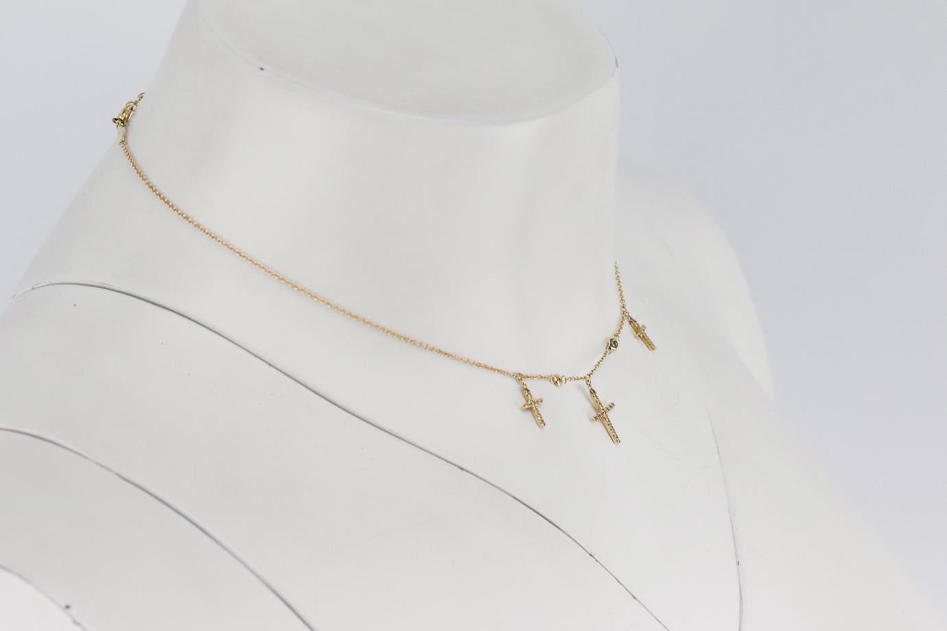 Jacquie Aiche Cross 14K Rose Gold 3 Diamond Chain Choker Necklace In Excellent Condition In London, GB