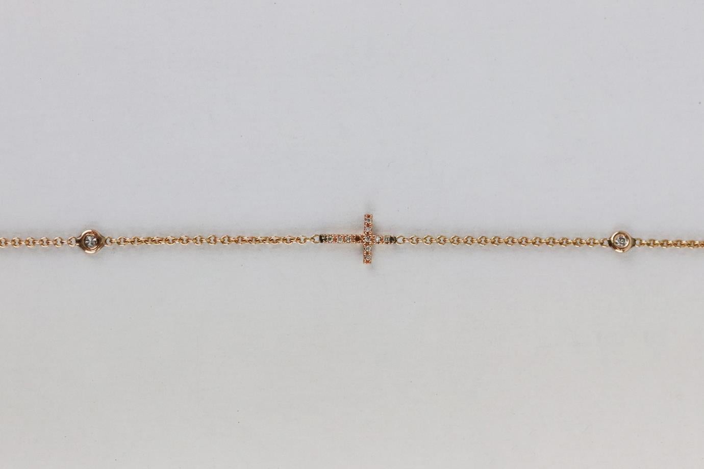 Jacquie Aiche Cross 14k rose gold 4 diamond anklet. Made from rose-gold with pave-diamond cross pendant, 4 brilliant cut diamonds and small chain. Rose-gold. Lobster clasp fastening at back. Does not come with box or dustbag. Min. Chain Length: 9.4