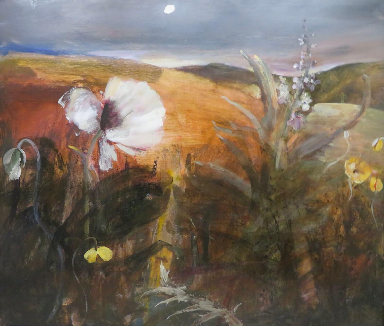 Original Englisch Yorkshire Dales Expressionist Ölgemälde FLOWERS MOONLIGHT – Painting von Jacquie Denby 