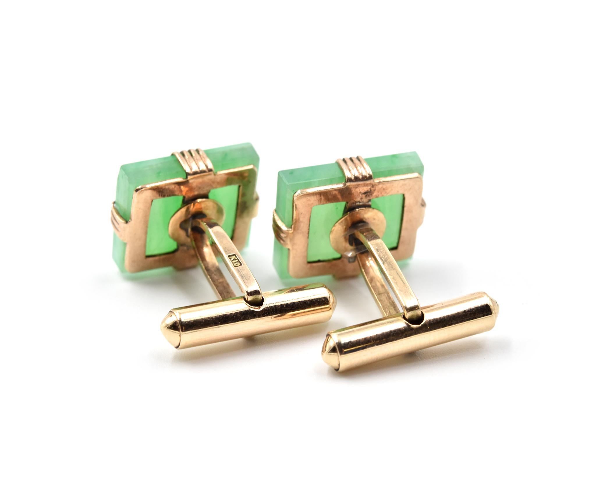 Men's Jade 10 Karat Yellow Gold Square Cufflinks