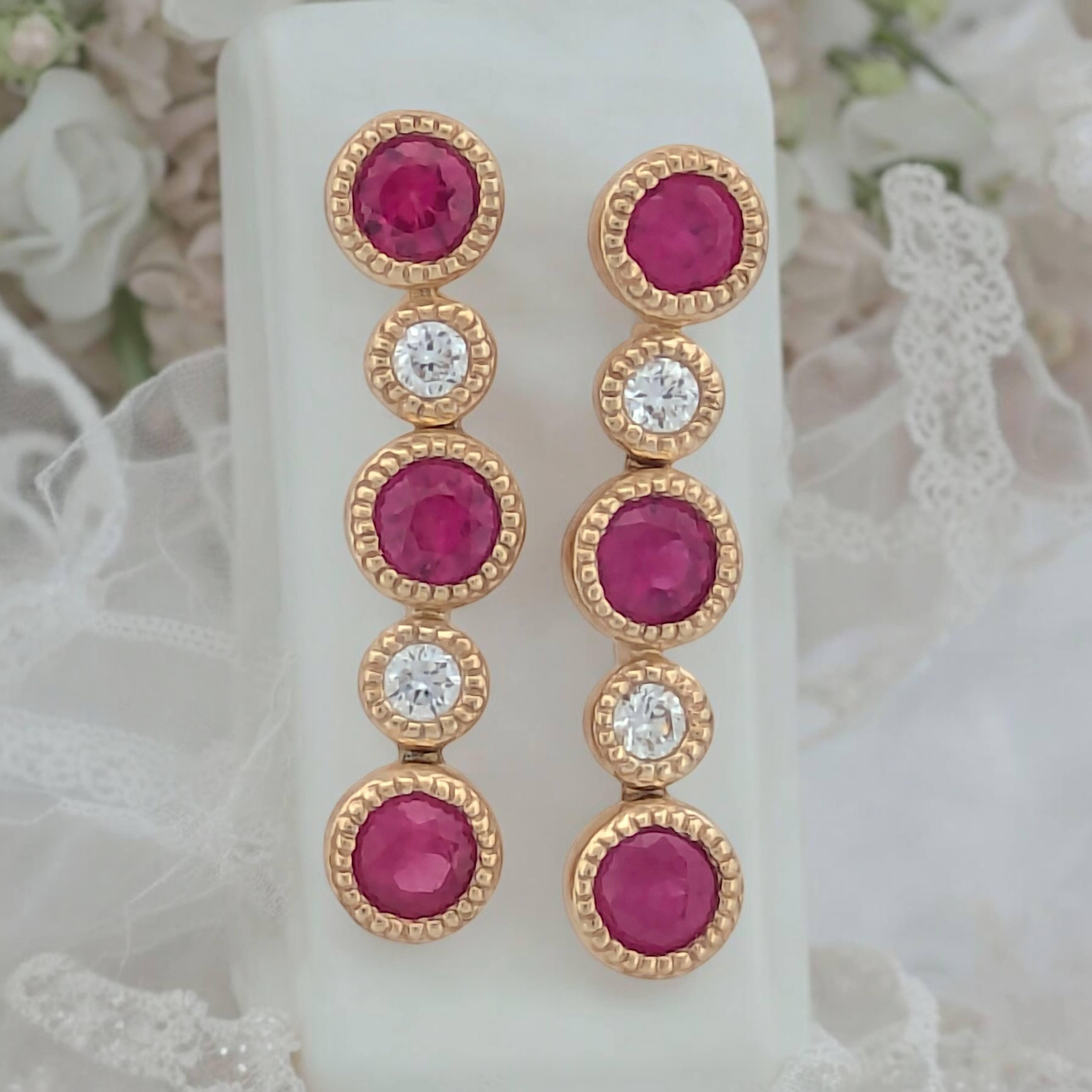 Round Cut Jade  14k Yellow Gold Dangle Post Earrings with .66 Carats Natural Rubies