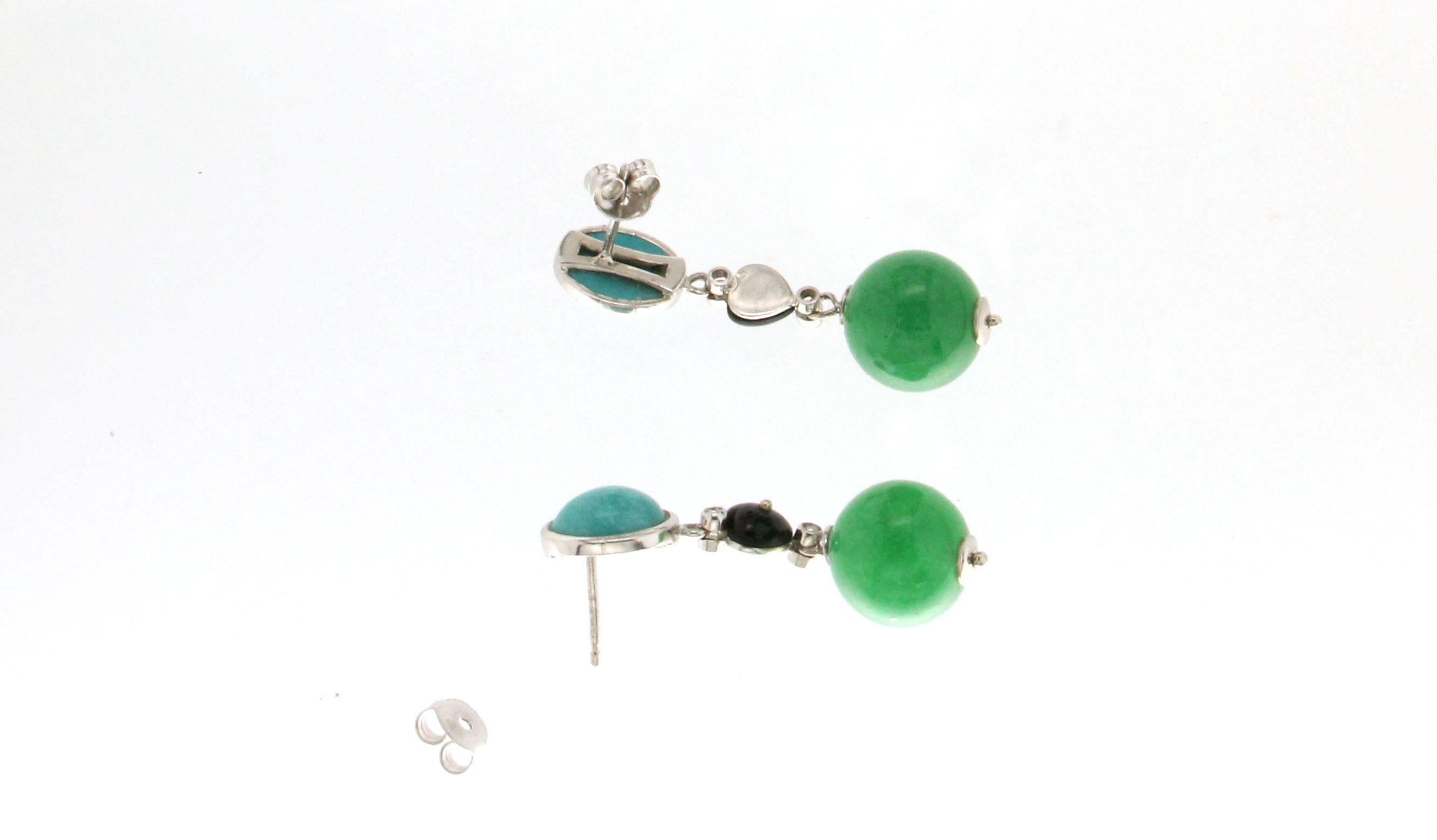 Jade 18 karat White Gold Turquoise Diamonds Drop Earrings 1