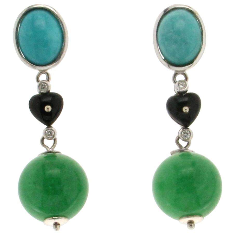 Jade 18 karat White Gold Turquoise Diamonds Drop Earrings