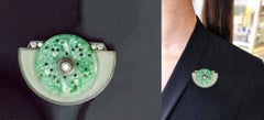 Jade 1920s French Art Deco Diamond Onyx Rock Crystal Carved Bi Disc Bird Brooch