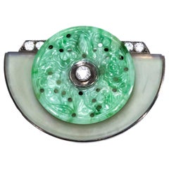 Antique Jade 1920s French Art Deco Diamond Onyx Rock Crystal Carved Bi Disc Bird Brooch