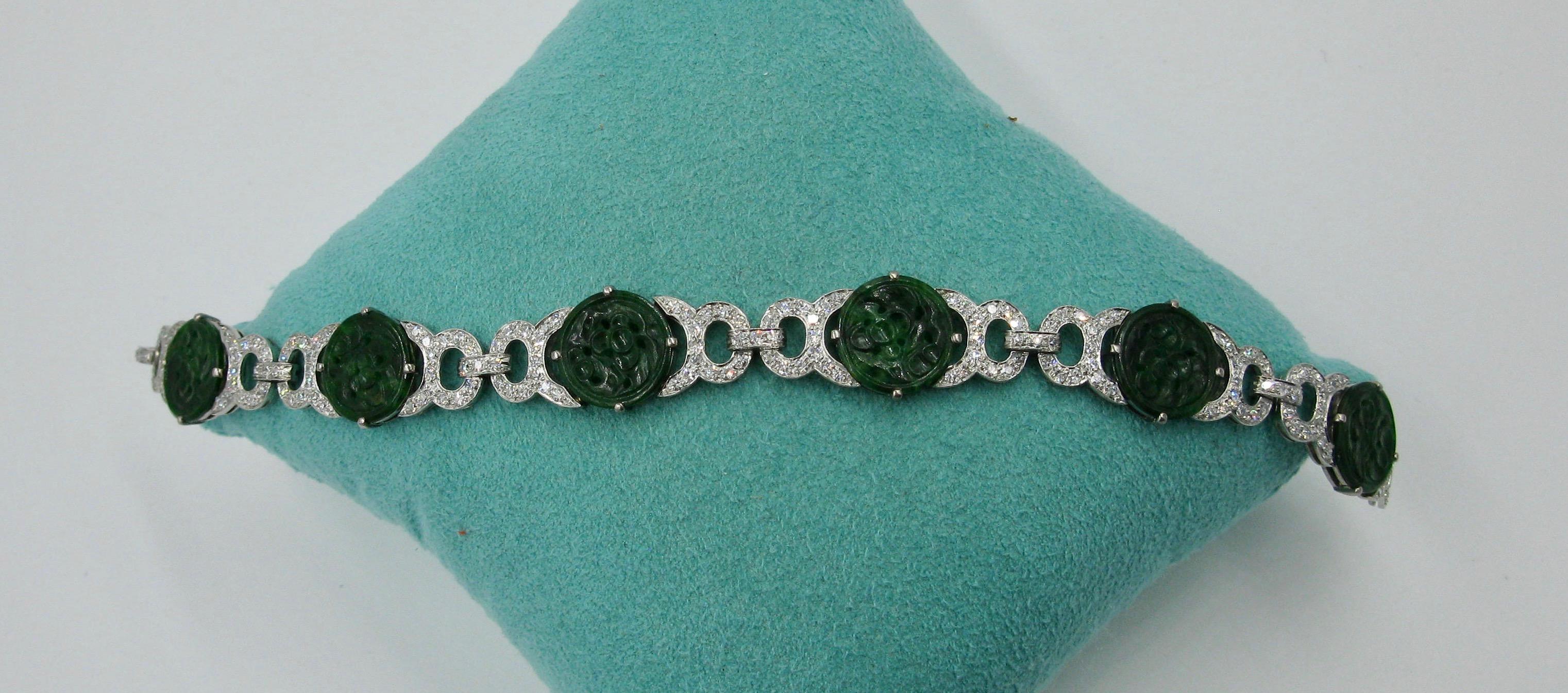 Jade 3.4 Carat Diamond Platinum Bracelet Art Deco Style 6
