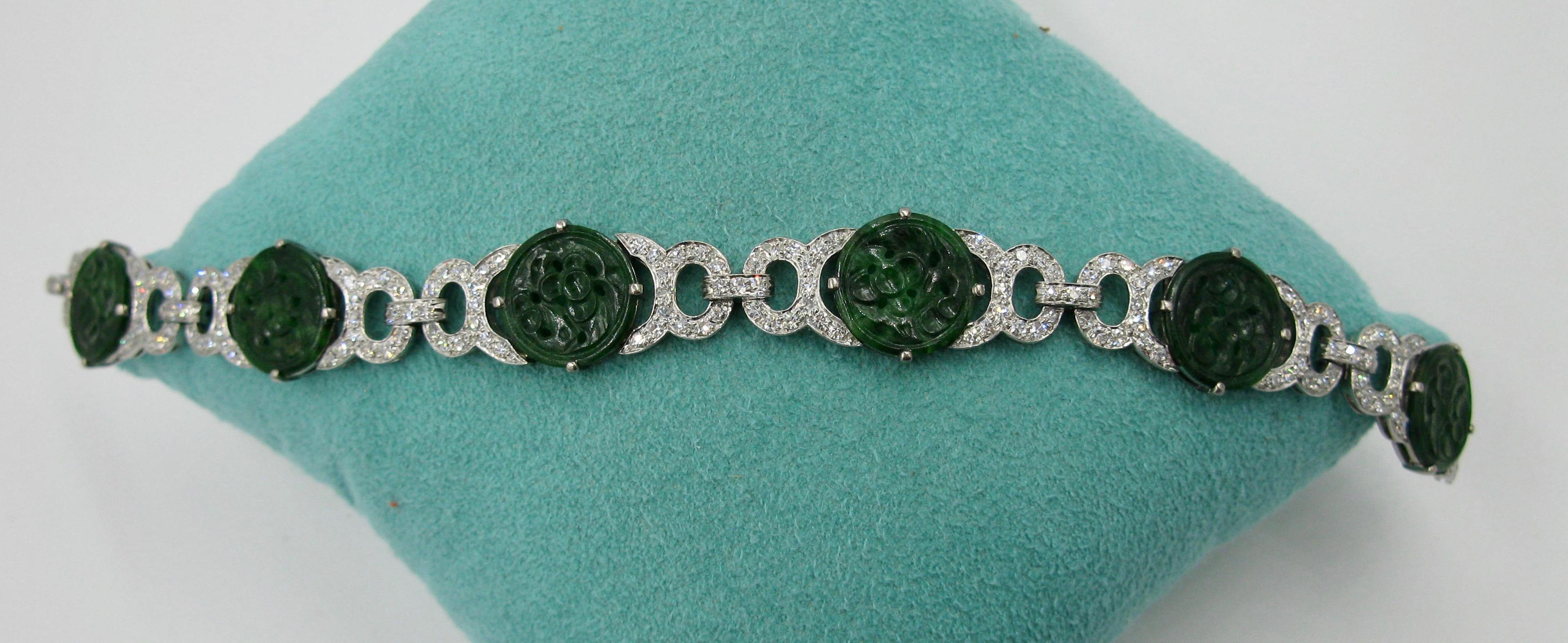 Jade 3.4 Carat Diamond Platinum Bracelet Art Deco Style 7
