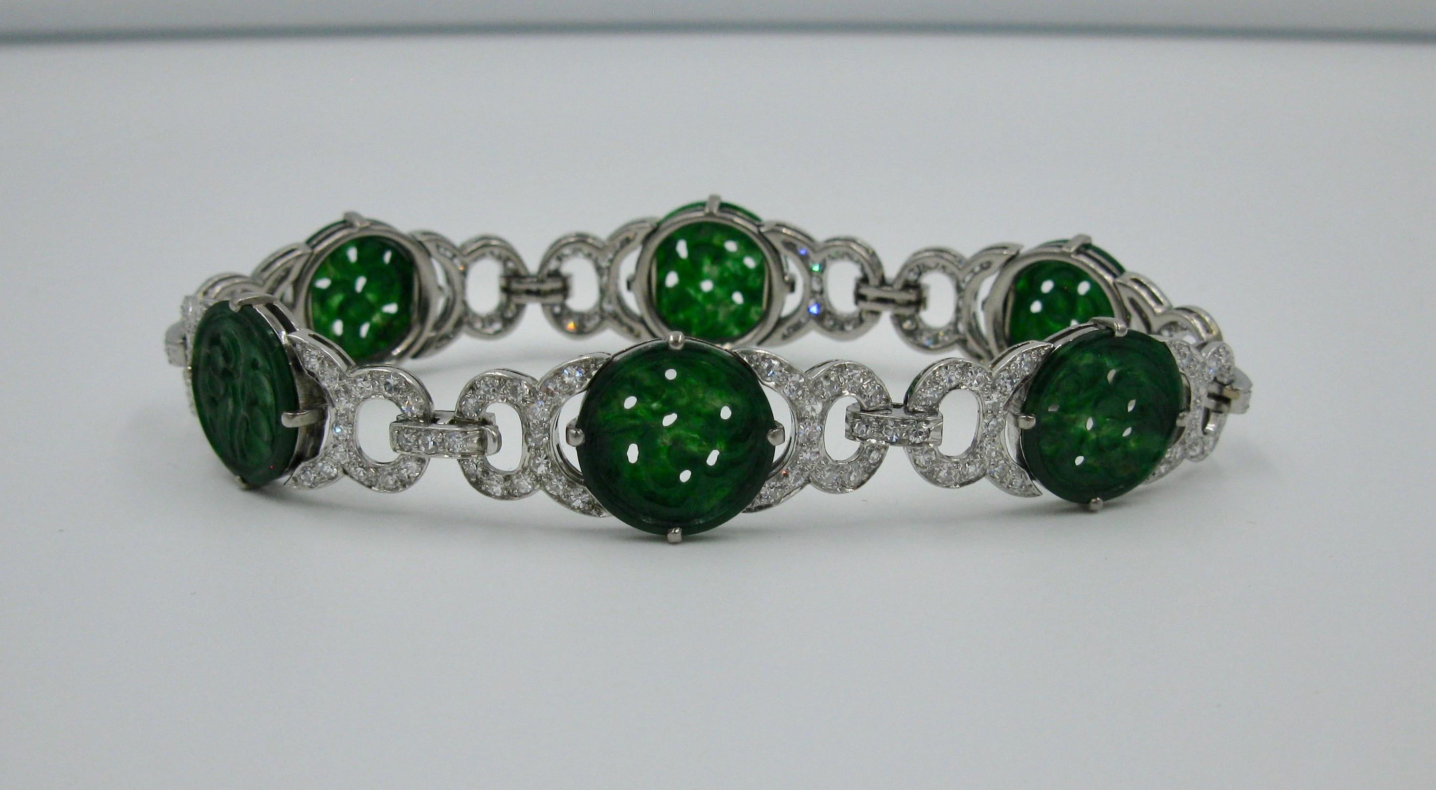 Women's Jade 3.4 Carat Diamond Platinum Bracelet Art Deco Style