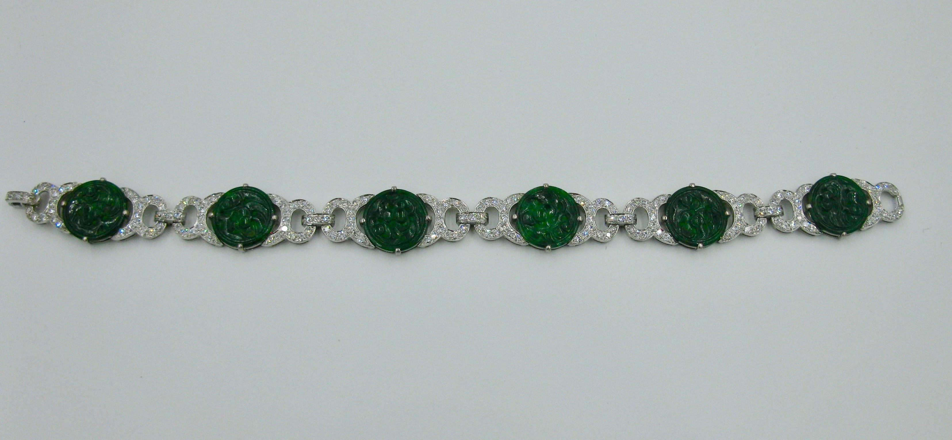 Jade 3.4 Carat Diamond Platinum Bracelet Art Deco Style 1