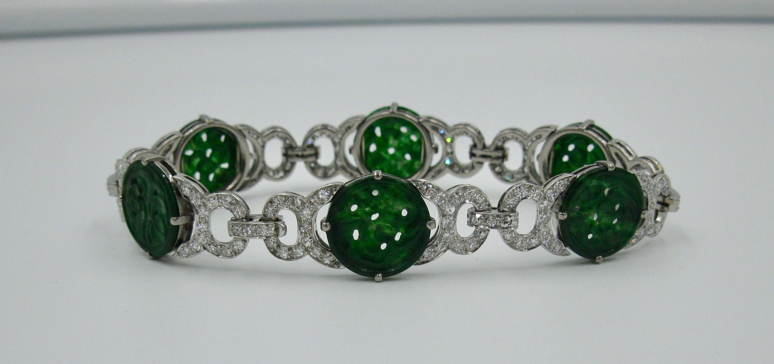 Jade 3.4 Carat Diamond Platinum Bracelet Art Deco Style 2