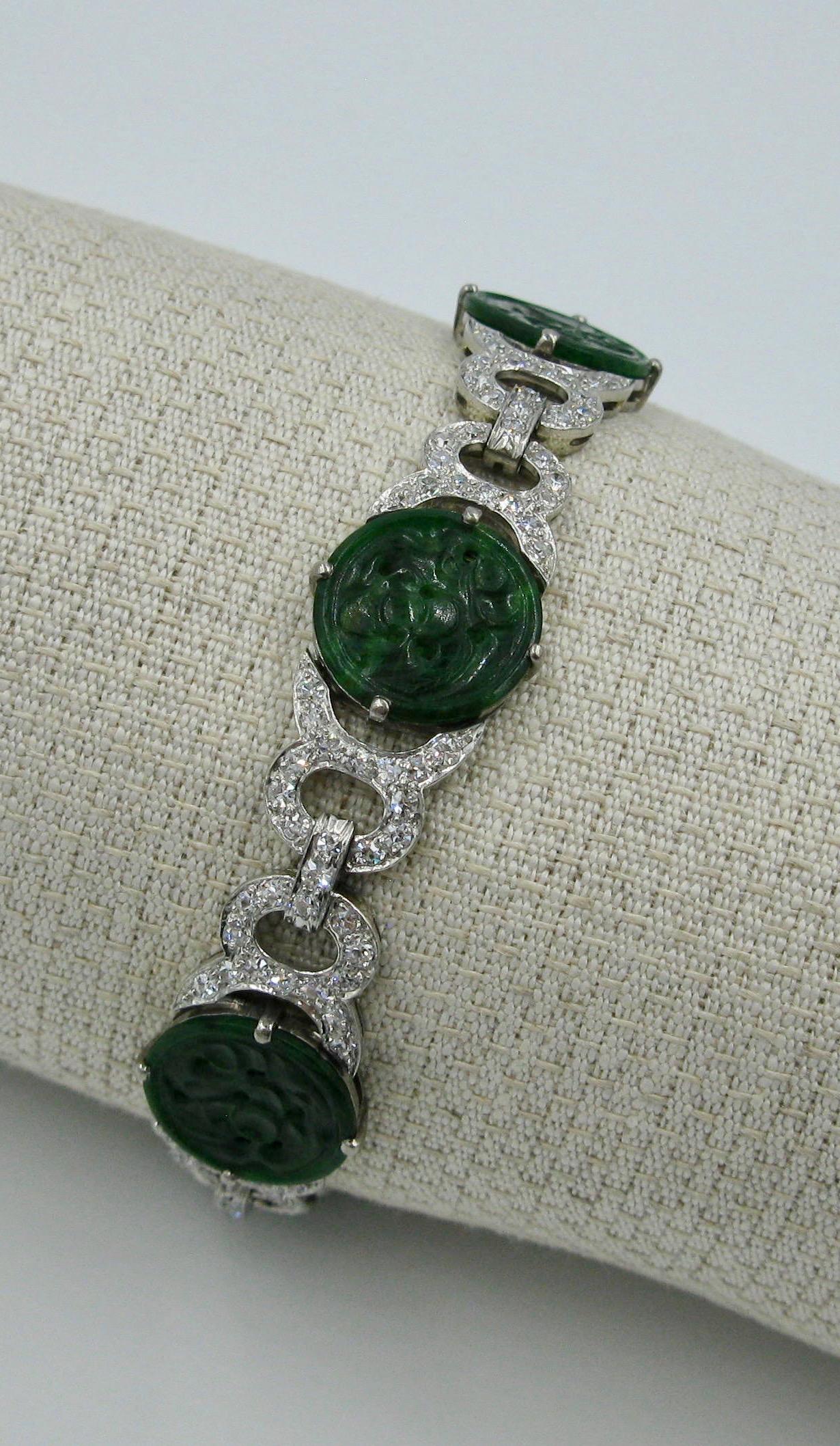 Jade 3.4 Carat Diamond Platinum Bracelet Art Deco Style 3