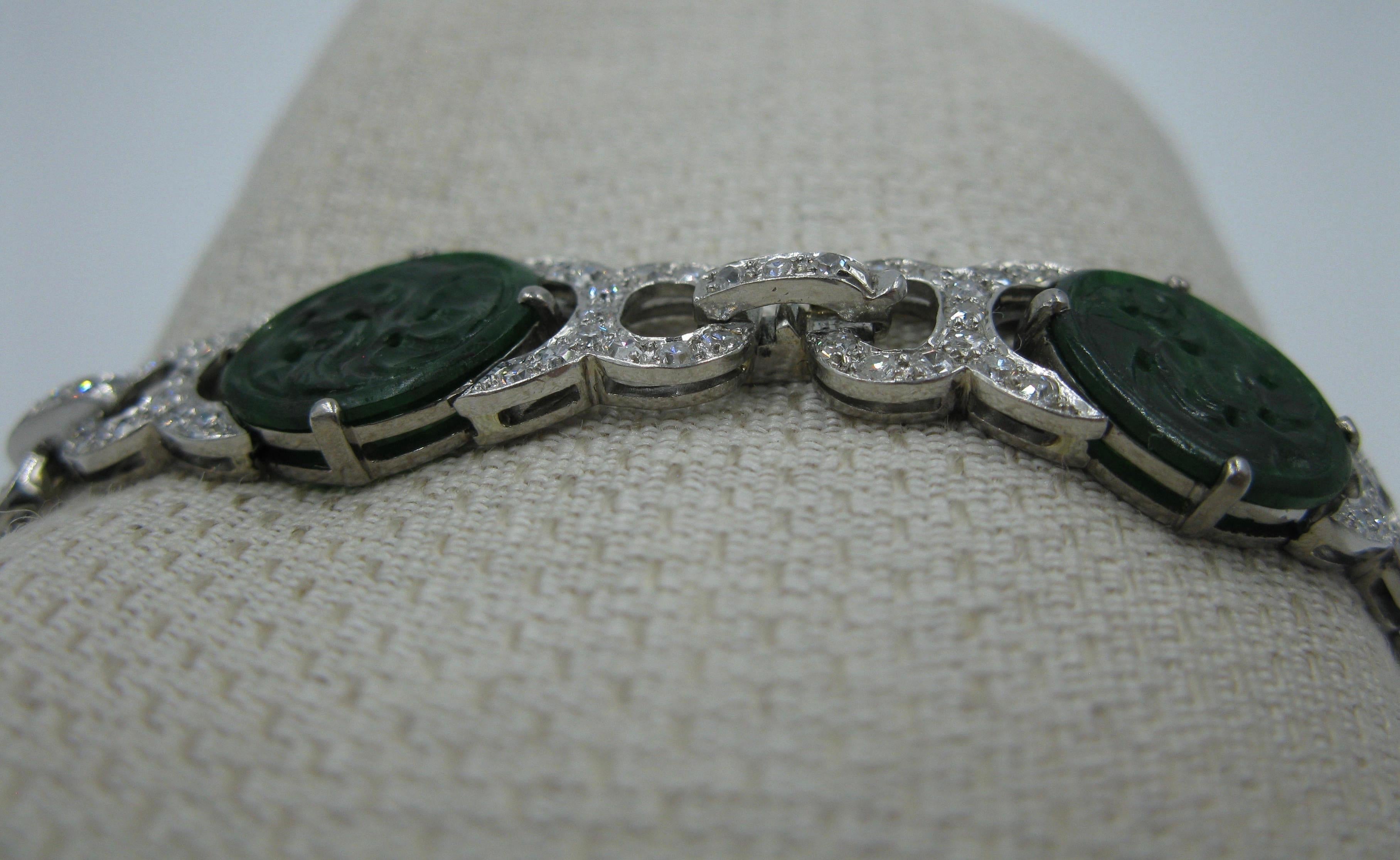 Jade 3.4 Carat Diamond Platinum Bracelet Art Deco Style 4