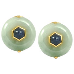 Jade 62.13 Carat, Cabuchon Blue Sapphire 5.03 Carat Earrings in 18 Karat Gold