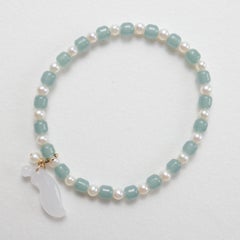 Jade & Akoya Peal Stretch Bracelet with Jadeite Dangle 7 1/2" Small to Medium