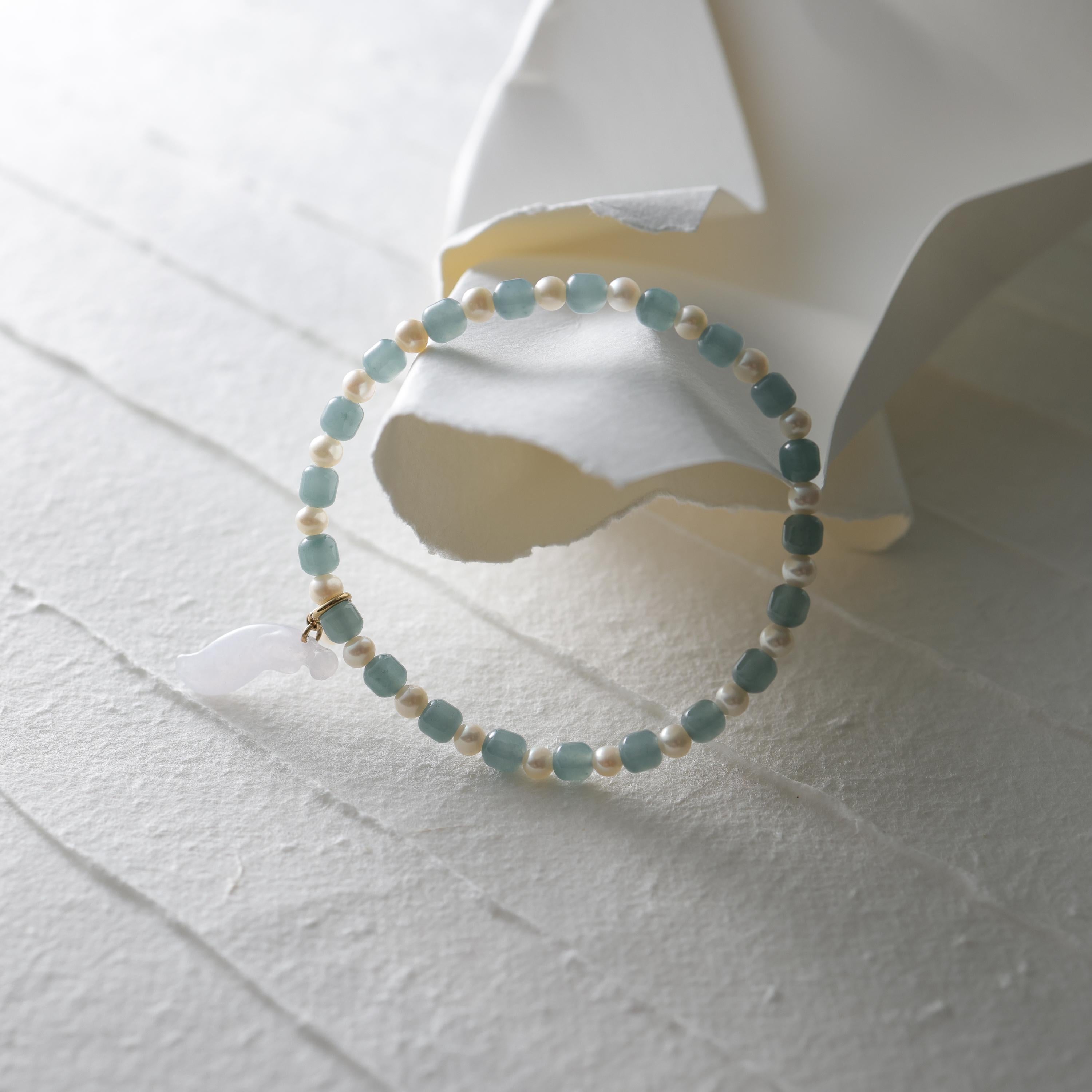 da uomo o donna Bracciale elastico in giada e Akoya con penzoloni di giadeite 7 1/2