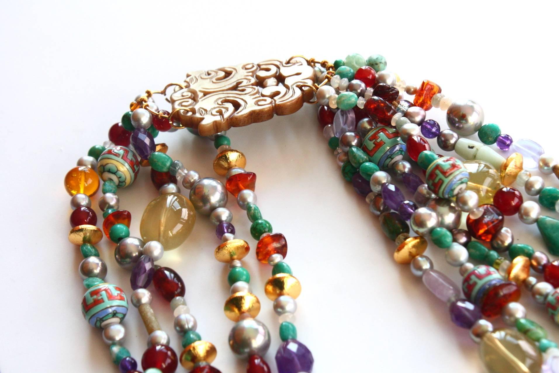 Women's or Men's Jade Amber Amethyst Antiques Carved Jade Elements Long Necklace For Sale