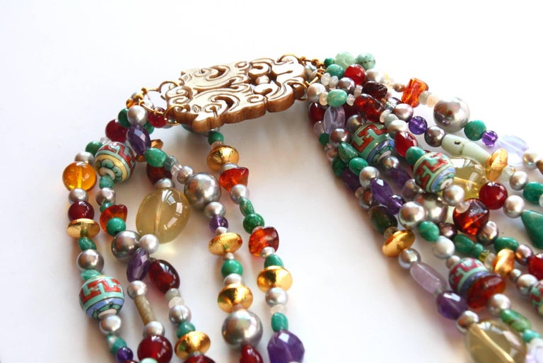 Jade Amber Amethyst Antiques Carved Jade Elements Long Necklace For