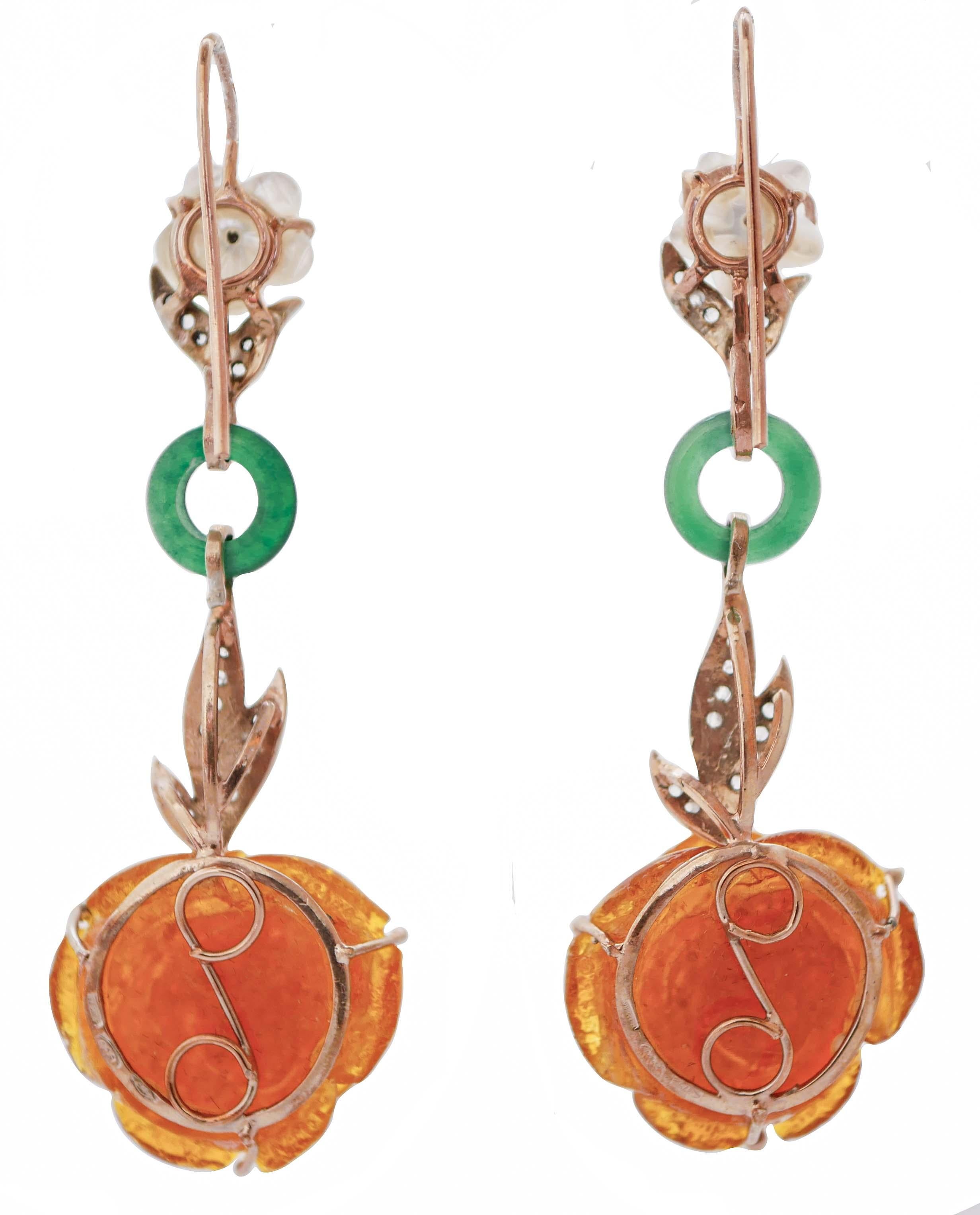 Retro Jade, Amber, White Stones, Diamonds, Rose Gold and Silver Earrings. For Sale