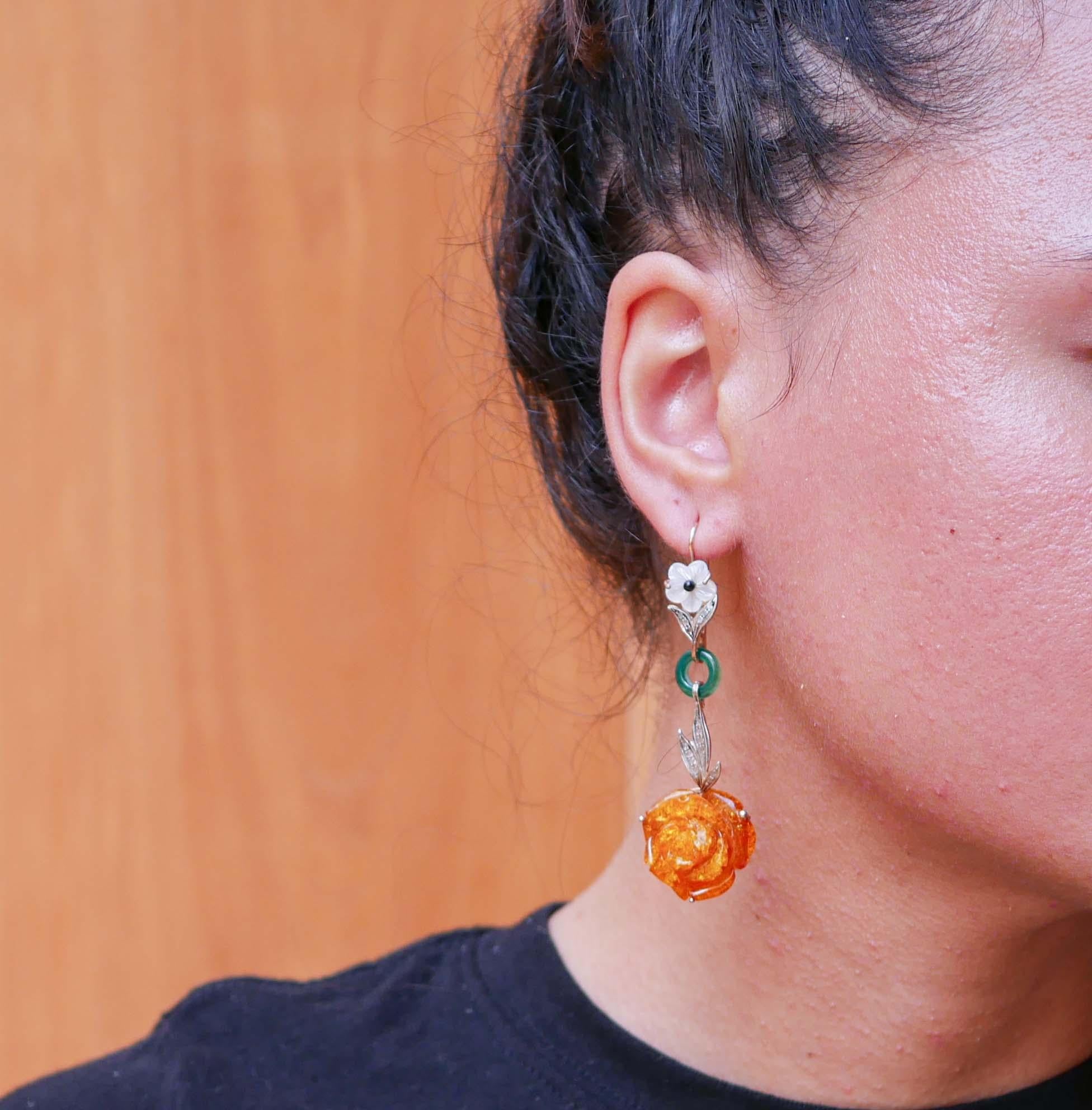 Mixed Cut Jade, Amber, White Stones, Diamonds, Rose Gold and Silver Earrings. For Sale