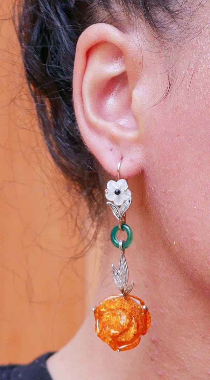Ohrringe aus Jade, Bernstein, weißen Steinen, Diamanten, Roségold und Silber. im Zustand „Gut“ im Angebot in Marcianise, Marcianise (CE)