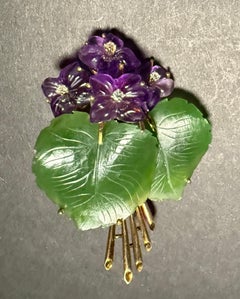 Jade, Amethyst And Diamond 14K Gold Form Brooch Pin