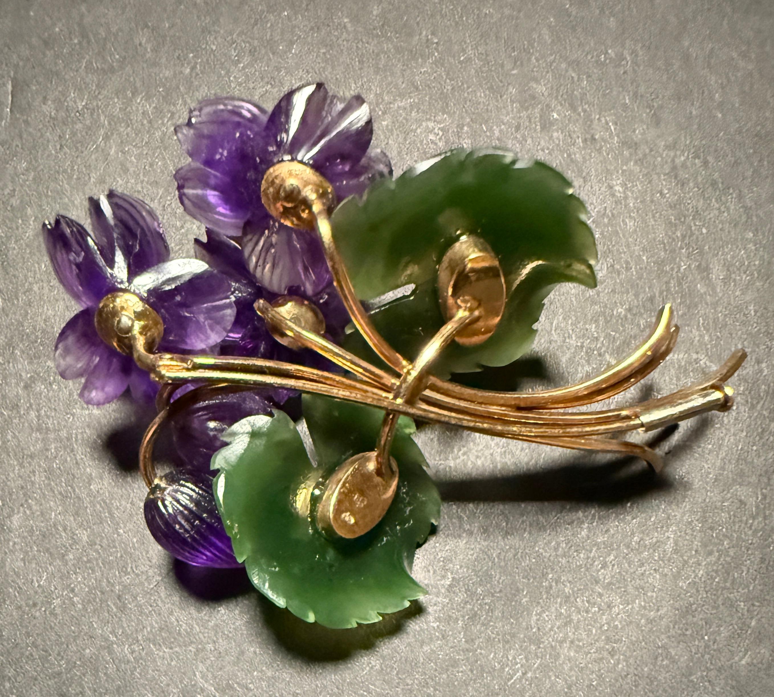 Italian Jade, Amethyst And Diamond 14K Gold Form Brooch Pin