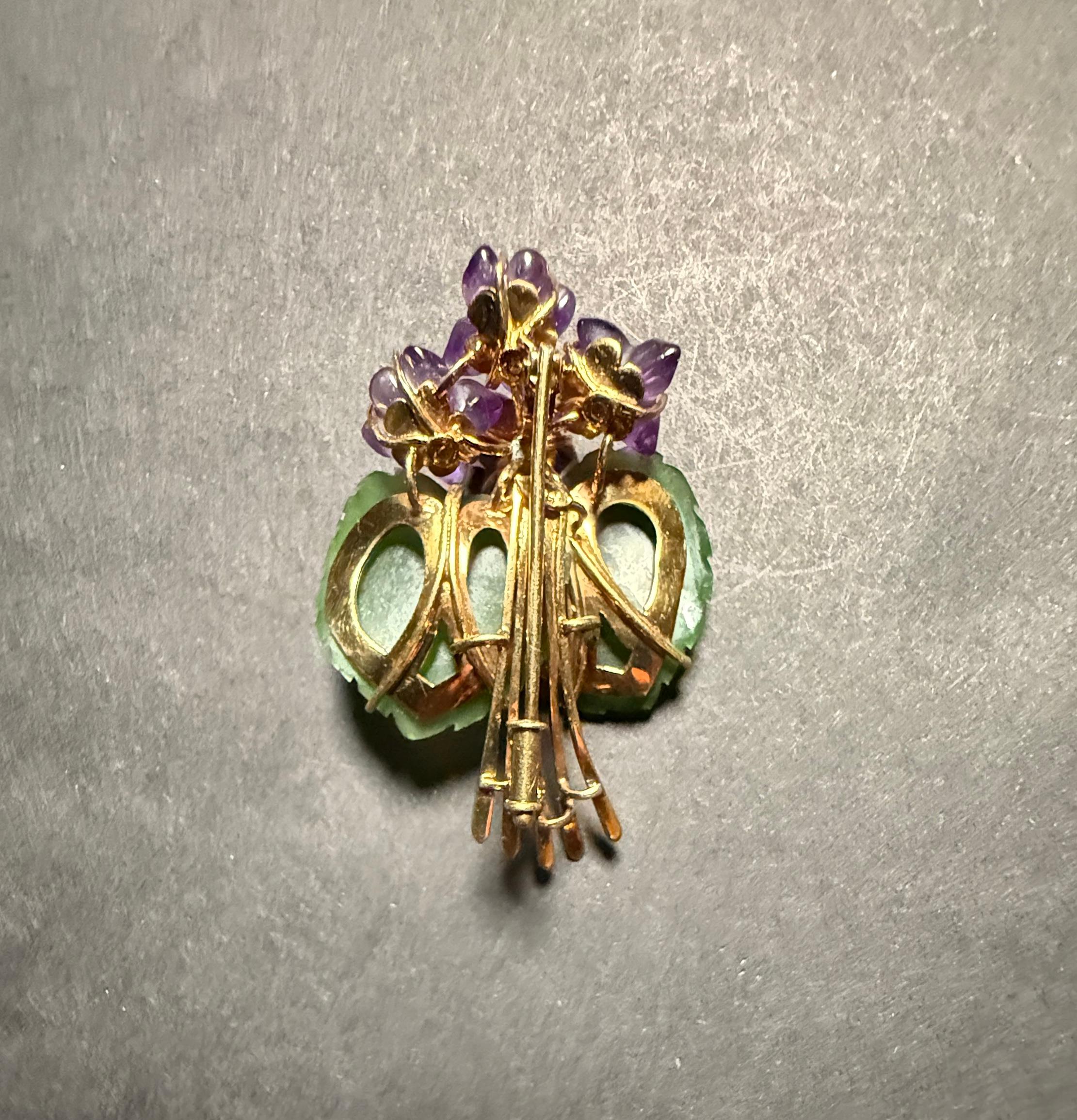Italian Jade, Amethyst And Diamond 14K Gold Form Brooch Pin For Sale