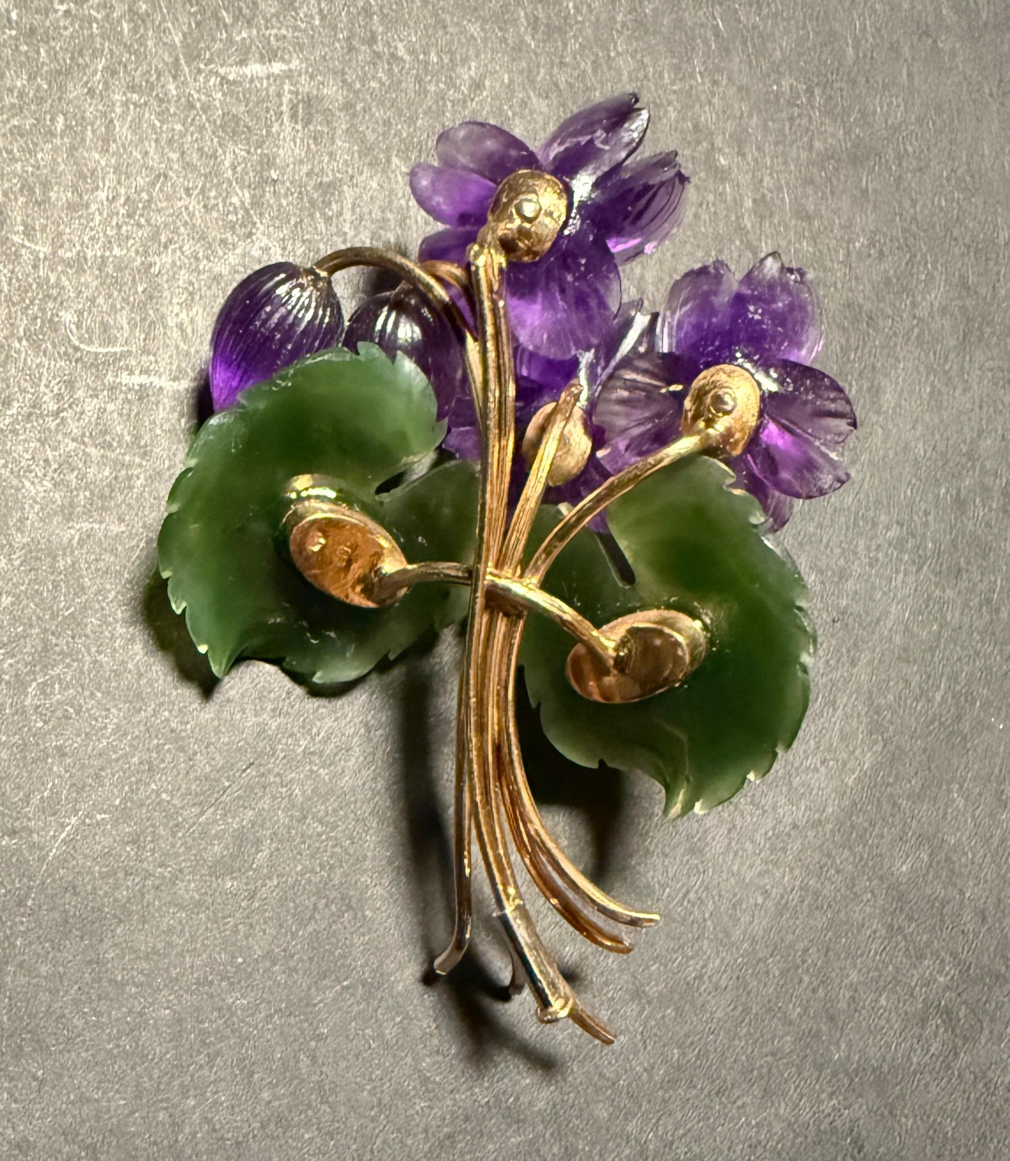 Jade, Amethyst And Diamond 14K Gold Form Brooch Pin In Good Condition In Norwood, NJ