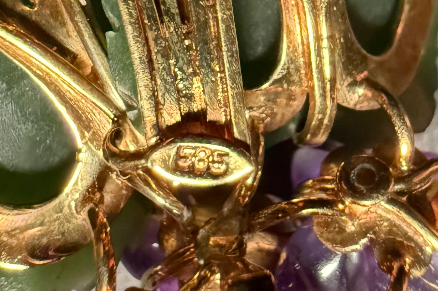 Jade, Amethyst And Diamond 14K Gold Form Brooch Pin In Good Condition For Sale In Norwood, NJ